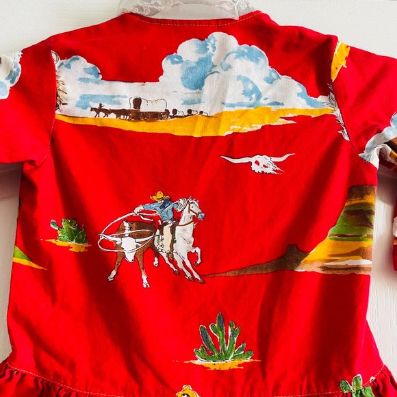 Vintage Western Print Girls Cotton Lace Collar Dress Flaw Size 5 - Picture 10 of 10